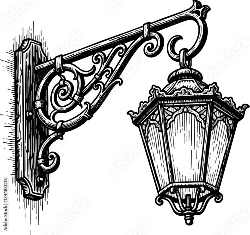 Vintage WallMounted Lantern with Ornate Ironwork Design.