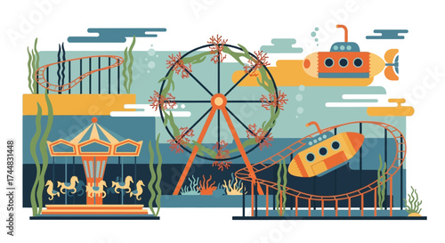 Fantastical Underwater Amusement Park with Classic Rides.