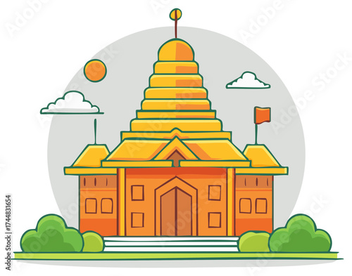 Colorful temple graphic illustration with pagoda style tiered roof, sky, flag, and landscaped greenery for graphic design and web illustrations