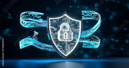 Futuristic digital shield with lock symbol, representing cybersecurity protection