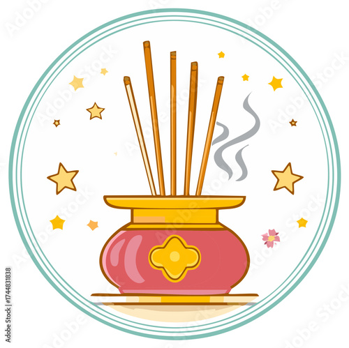 Incense sticks burning in a decorative pot with stars and flowers