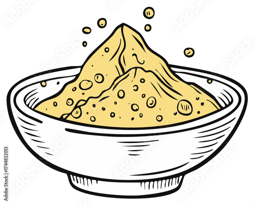 Hand Drawn Bowl with Yellow Powdered Food Stuffing Cooking Ingredient Illustration