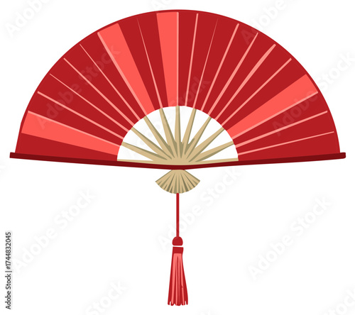 Traditional Japanese Red Folding Fan With Tassel Ornament