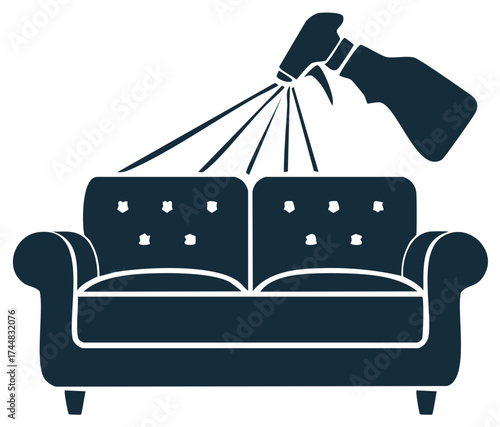 Household furniture disinfection and sanitization symbol featuring a spray bottle and sofa