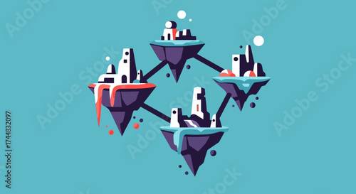 Floating islands connected by lines with buildings on top of them.