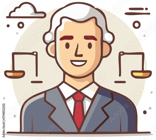 Cartoon Justice Figure with Scales and Legal Attire