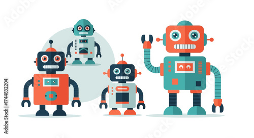Four colorful retro robots standing together in a group illustration.