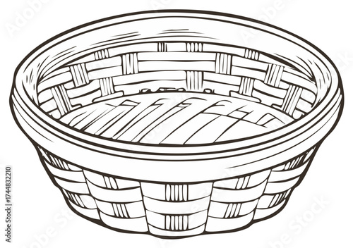 Hand-drawn sketch of an empty round woven basket with a thick rim