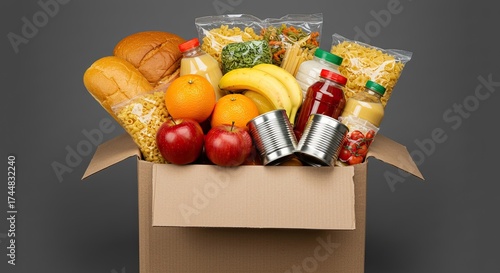 Abundant grocery box overflowing with fresh fruits, pantry staples, and canned goods, ready for delivery or donation, symbolizing nourishment and preparedness.