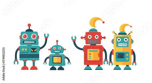 Four colorful robots standing together in a row with different designs and features.