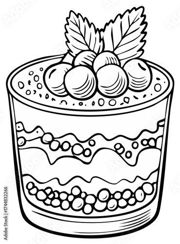 Hand-drawn dessert illustration with blueberries and layers in a glass cup, topped with mint leaves for a delightful treat