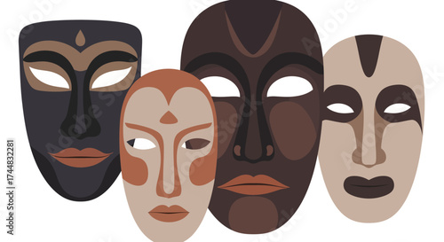 Four Tribal Masks with Unique Designs and Colors.