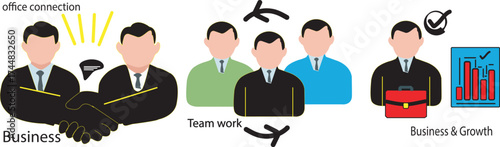 Business workflow with handshake team rotation and performance chart