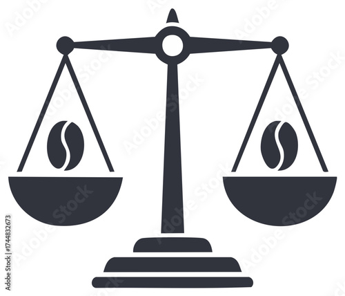 Fair trade coffee concept icon with a balanced justice scale weighing coffee beans for ethical sourcing