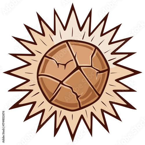 Cartoon cracked stone meteor with fiery explosion shards illustration