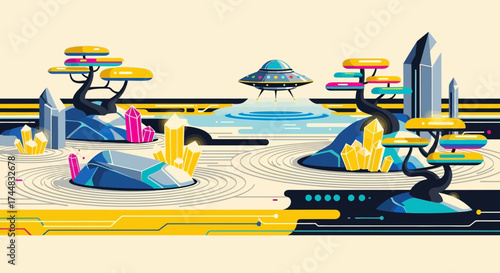 Futuristic alien landscape with glowing crystals and strange trees.