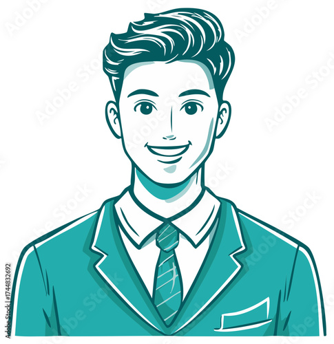 Cartoon Illustration of a Smiling Young Man in Suit and Tie with Stylized Hair