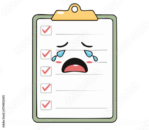 Sad clipboard character crying because of task list that isn't complete or not doing well.