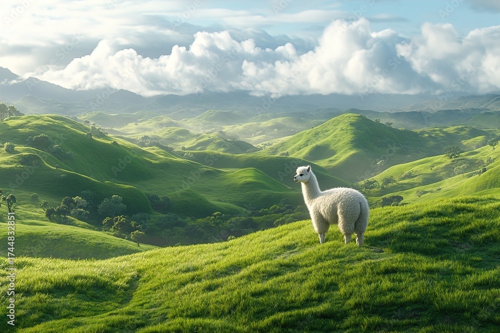 Naklejka premium alpaca standing on a grassy hill, a peaceful farm landscape with rolling hills behind 