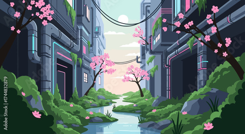 Futuristic city landscape with cherry blossom trees and flowing river.
