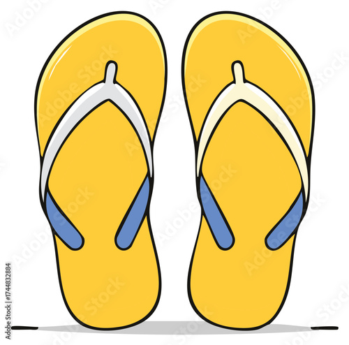 Pair of bright yellow flip-flops with blue and white straps on a white background