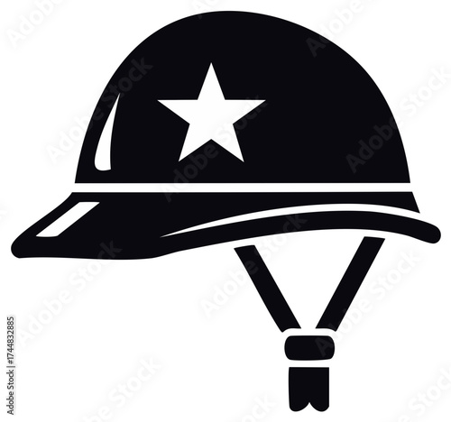 Stylized black soldier helmet icon with a prominent white star and chin strap