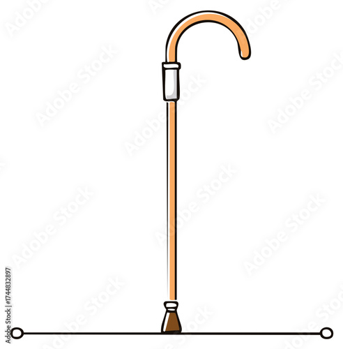 Illustration of a classic walking cane or support stick with a curved handle and a rubber tip