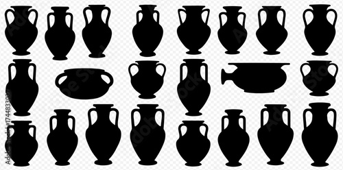 A collection of black silhouettes of various ancient Greek and Roman vases, amphorae, and pottery on a transparent background.