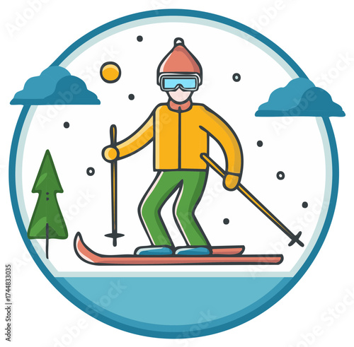 Cartoon illustration of a skier skiing downhill, winter sports theme