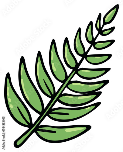 Green Fern Leaf Sprig Illustration Isolated, Line Art Cartoon Style for Decoration