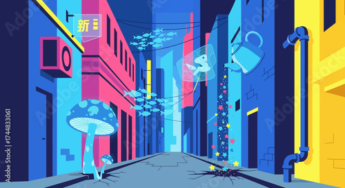 Futuristic city street scene with vibrant colors and surreal elements.