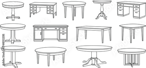 Black and white furniture icon set featuring various tables and desks with drawers, pedestal bases, and distinct leg designs
