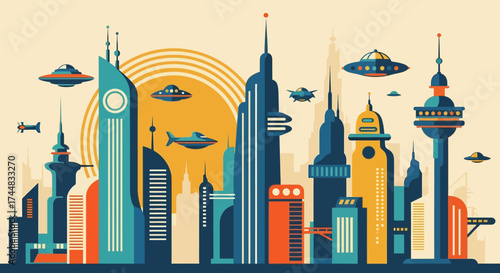 Futuristic Cityscape with Flying Saucers and Modern Architecture.