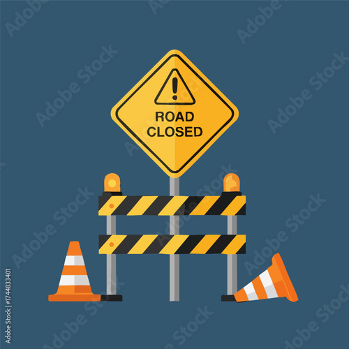 Road Closed Sign and Traffic Cones Illustration.
