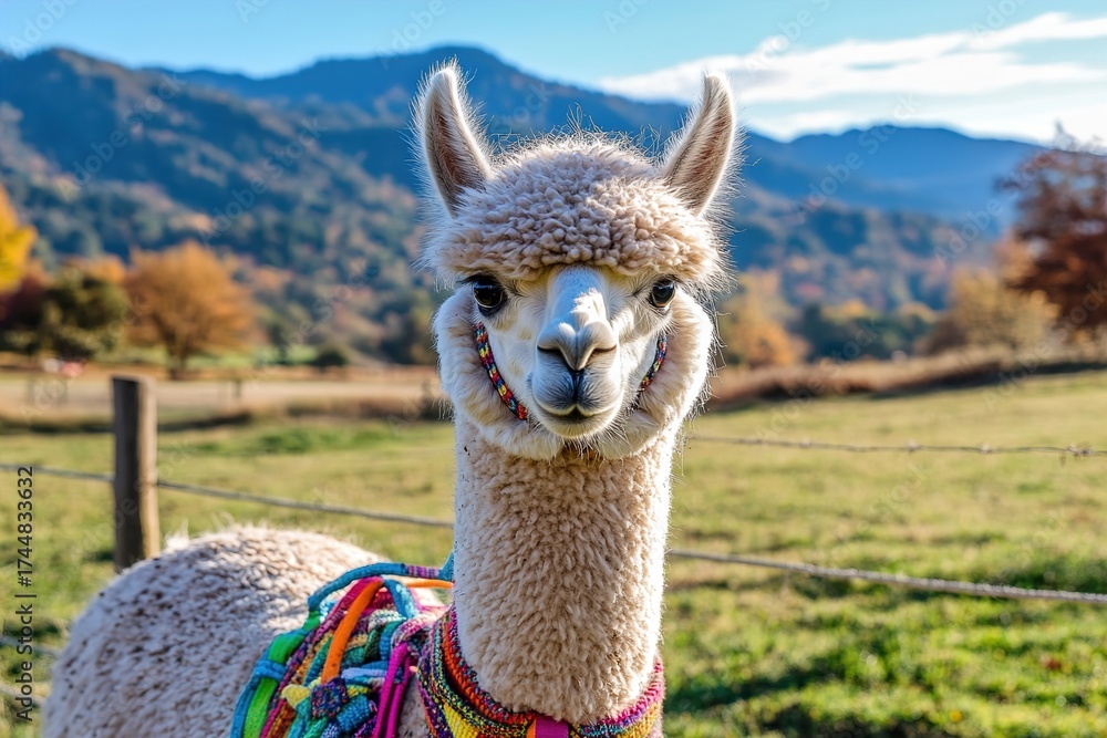 Fototapeta premium alpaca with colorful harness looking curiously at the camera, rural farm setting with mountains behind 