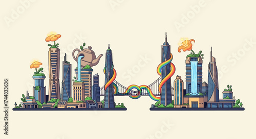 Futuristic Cityscape with Organic Elements and Interconnected Buildings.