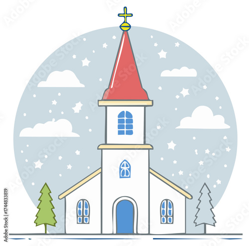 Hand Drawn Christian Chapel Building in a Snowy Winter Scene for Christmas