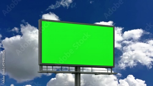Blank outdoor advertising billboard on a sky background with clouds for your business message. Animation motion graphic with chroma green screen clip template 4k. Free Footage Video 4K