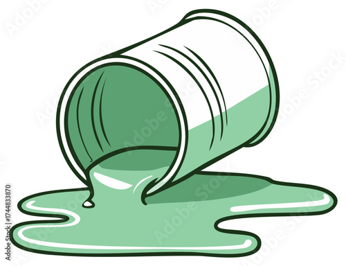 Green liquid pouring out of an overturned cup creating a spill