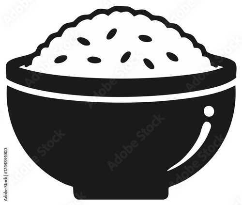 Simple black silhouette of a bowl filled with steamed rice grains.