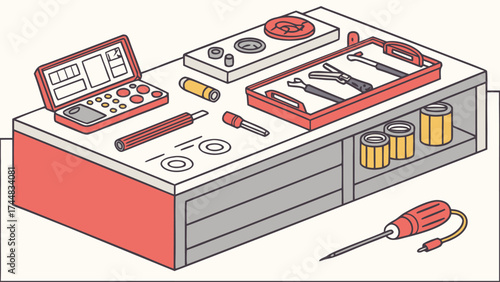 A workbench filled with various tools and containers organized in a neat and orderly arrangement on a table