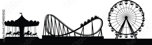 Black silhouette of amusement park with carousel, roller coaster, and Ferris wheel, perfect for entertainment, leisure, and travel themes