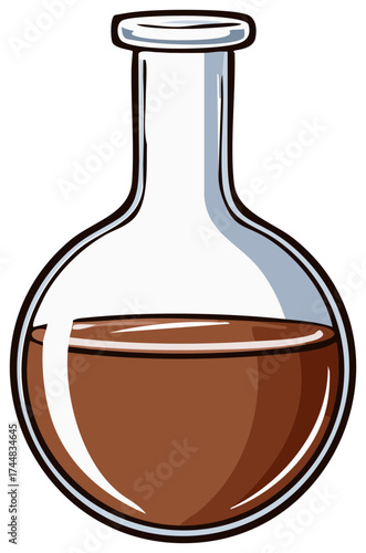 Science laboratory round bottom flask with brown liquid cartoon illustration