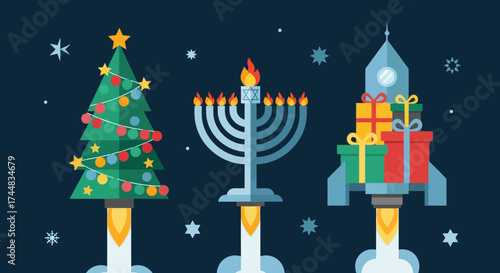 Holiday Symbols Launching into Space on Rockets.