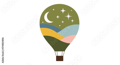 Hot Air Balloon with Night Sky and Landscape Illustration.
