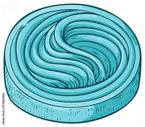 Hand drawn cartoon illustration of a round blue swirled taffy candy