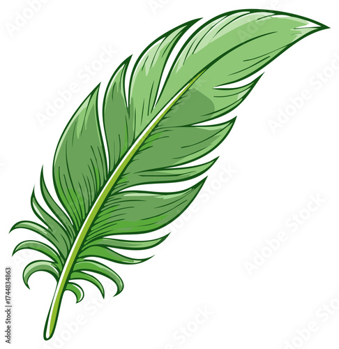 Vibrant Green Feather Plume Hand Drawn Cartoon Style Isolated Illustration