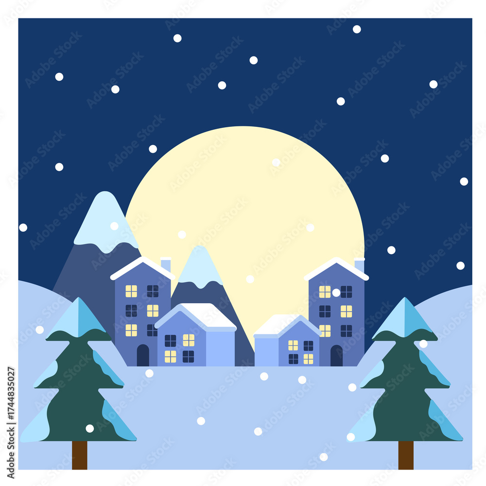 Fototapeta premium Night view of a city in the mountains during the snowy season. City view during the snowy season. Snowy Mountain