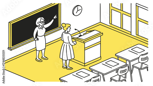 A classroom scene featuring a teacher pointing at a blackboard and a student at a podium giving a presentation