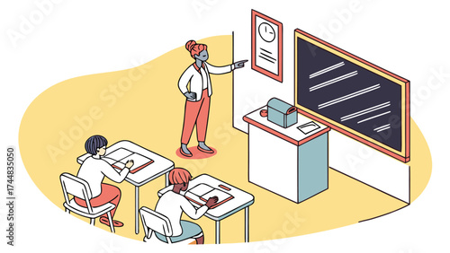 Illustration depicting a classroom setting with a teacher instructing students near a blackboard and desk area